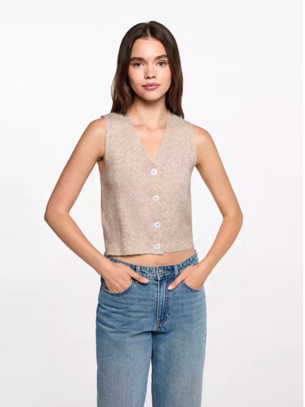 Mango Beige Button Front Sweater Vest V Neck Knit Size Small